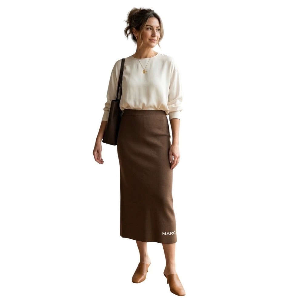 Marc Jacobs The Tube Skirt XS Chocolate Brown Viscose Knit Midi Logo N101V01RE21 - Picture 3 of 6